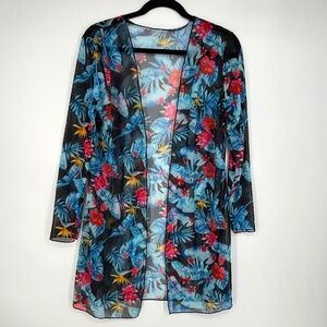 Shein Womens Small Open Front Swim Suit Cover Up Cardigan Black Blue Floral Mesh